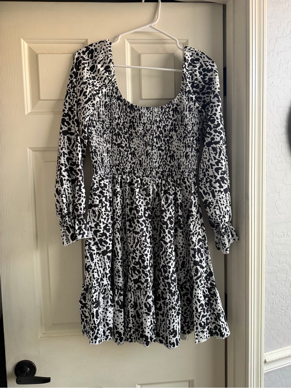 Smocked Tiered Long-Sleeve Kids Dress in Black and White